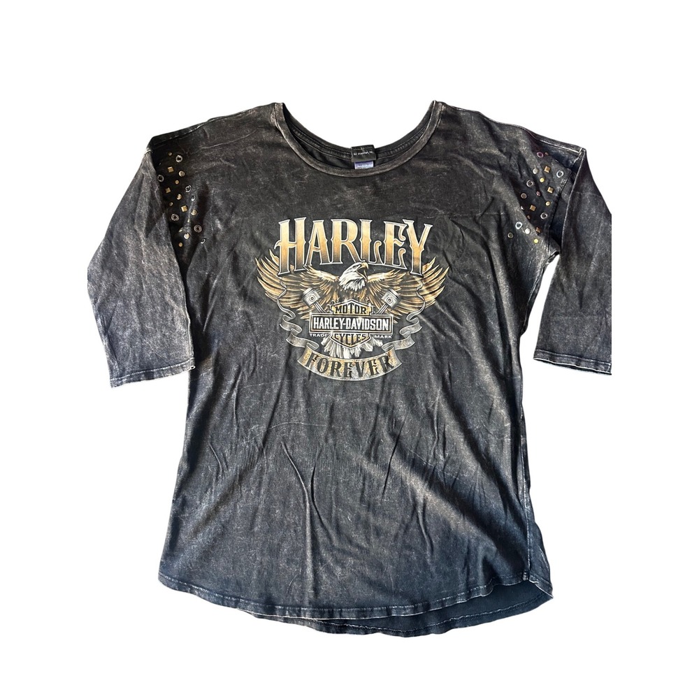 Harley Davidson Bayside Acid Wash Studded Embellished‎ 3/4 Sleeve Top